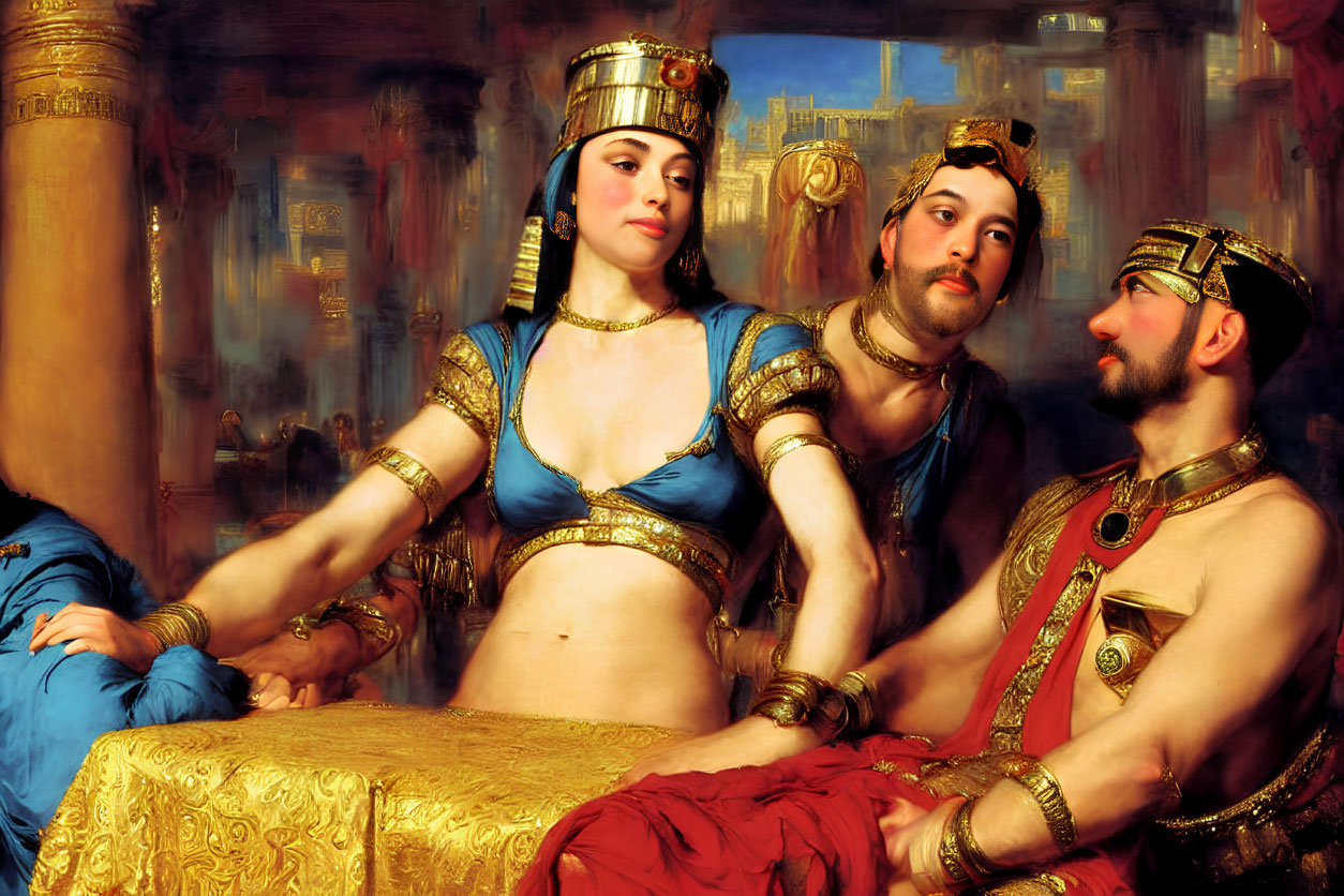 Ancient-themed painting with two men and a woman in royal attire.