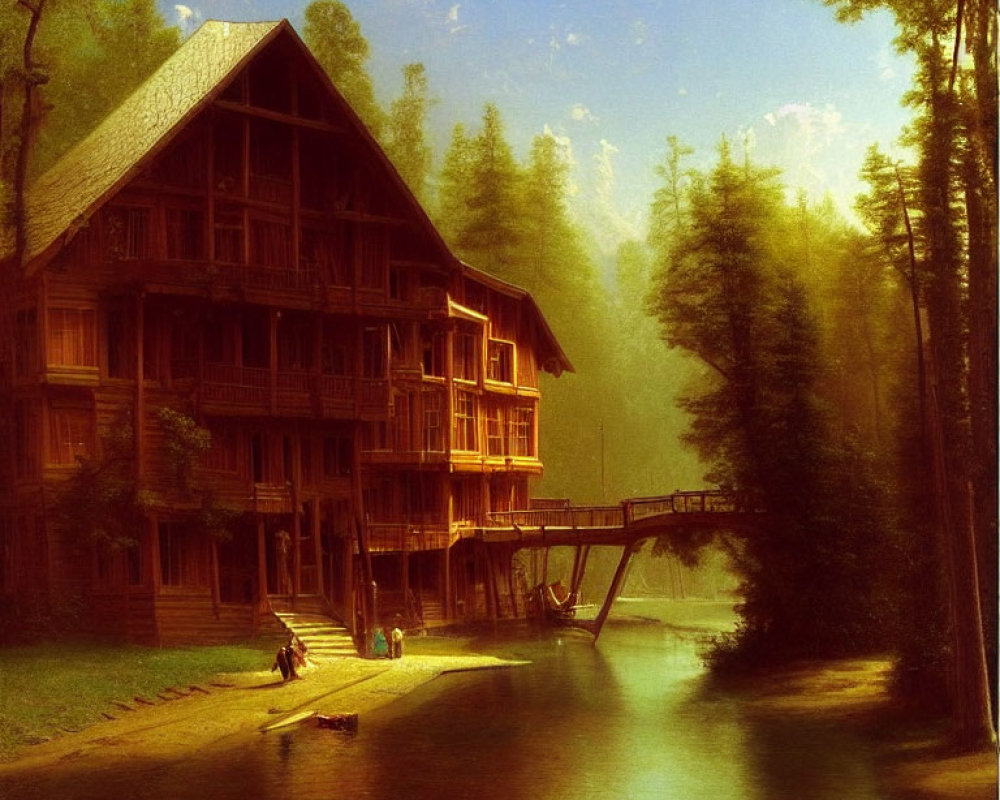 Rustic wooden cabin by river in lush forest with bridge and figures