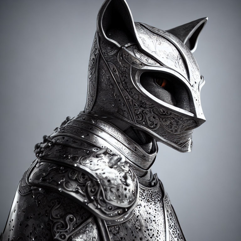 Detailed Armoured Suit with Feline Helmet Design and Glowing Eye