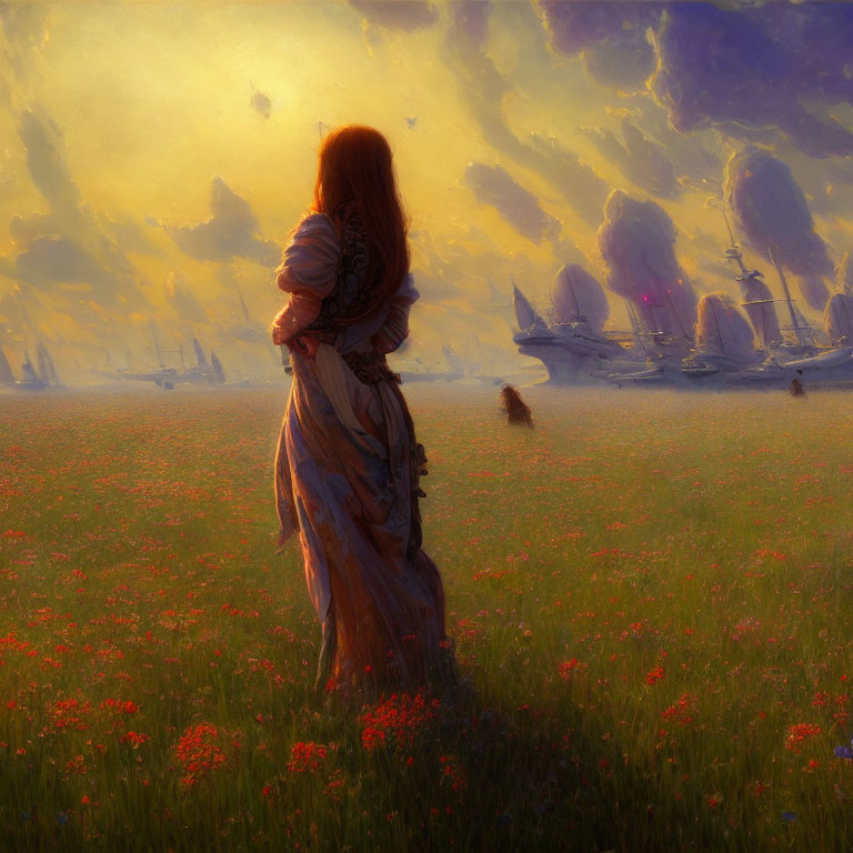 Red-haired woman admires sunset sky with floating airships over red flower field