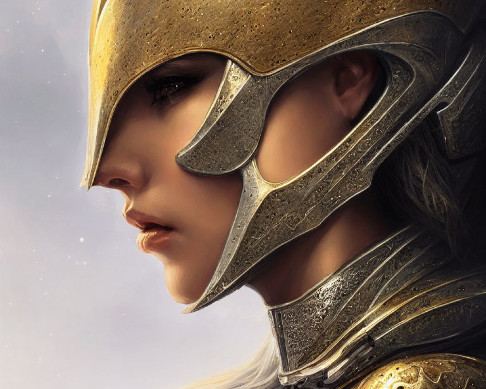 Detailed Illustration: Woman in Ornate Medieval Helmet under Warm Light