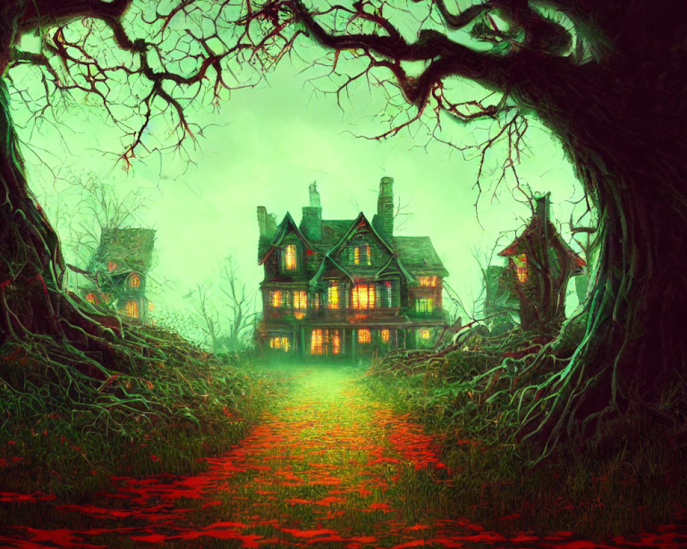 Eerie mansion with twisted trees and green glow