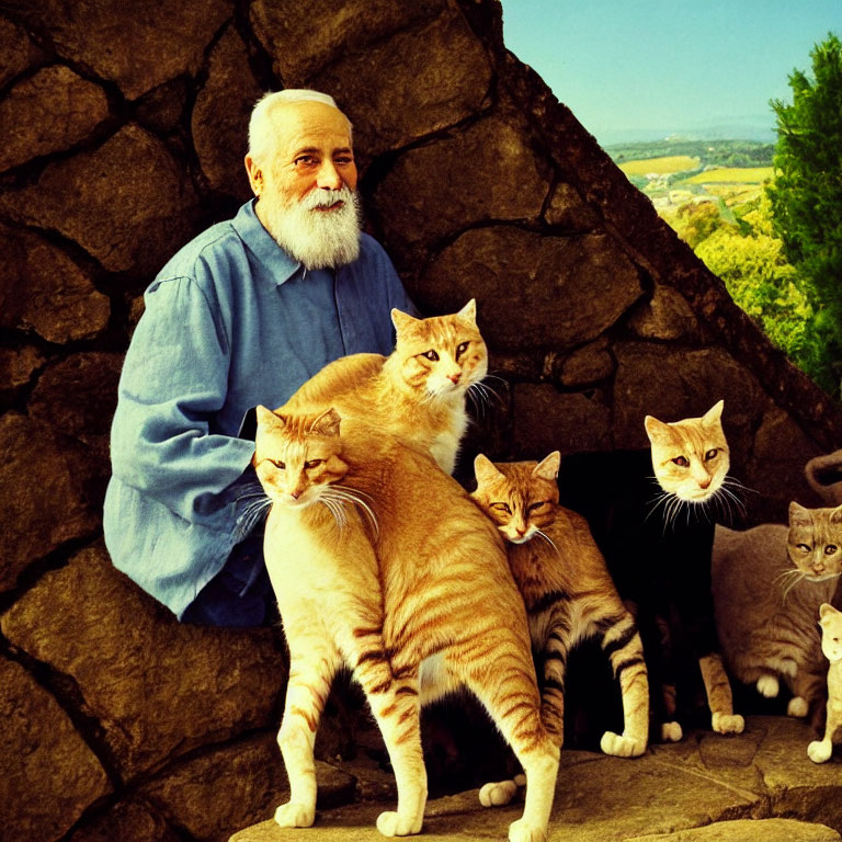 Elderly man with five cats on stone steps outdoors