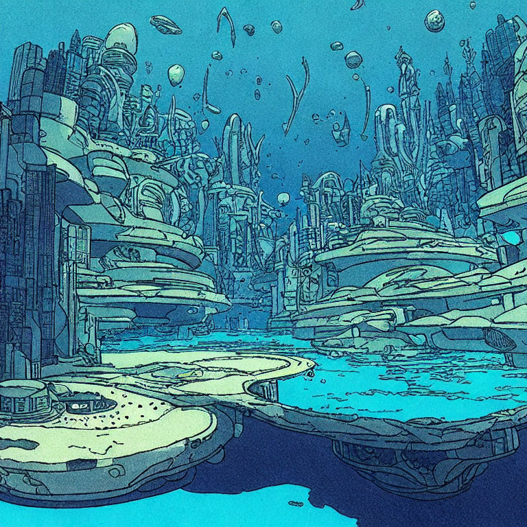 Futuristic Underwater City Illustration with Towering Structures and Aquatic Elements in Blue Tones