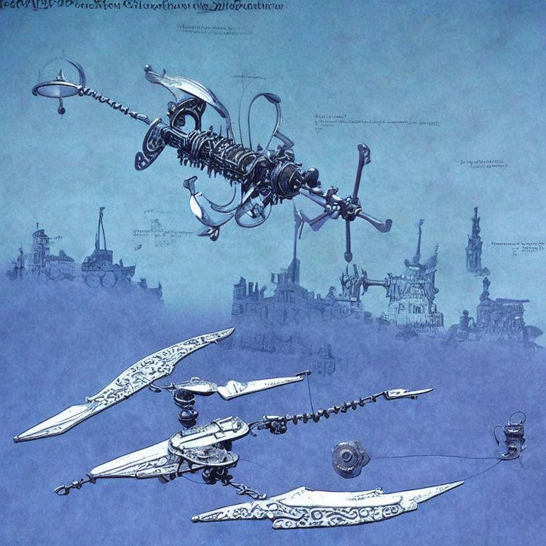 Detailed illustration of mechanical flying machines in fantastical cityscape