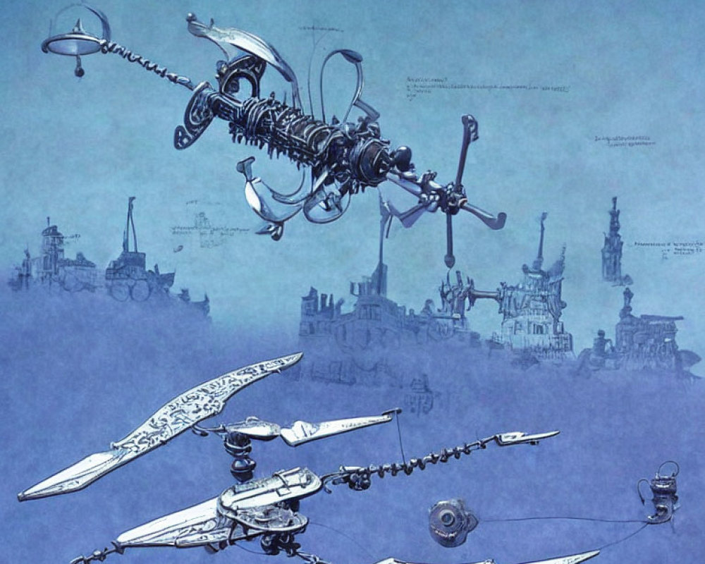 Detailed illustration of mechanical flying machines in fantastical cityscape