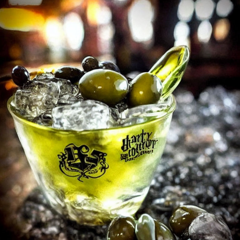 Transparent Harry Potter-themed cocktail glass with ice, green olives, and black spheres.