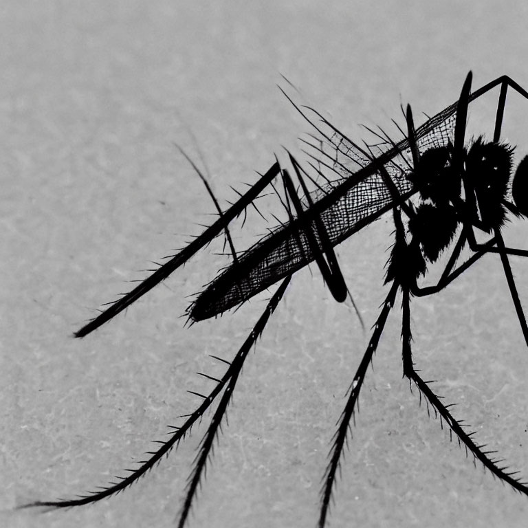 Detailed close-up of mosquito proboscis, wings, and legs on surface with human skin.