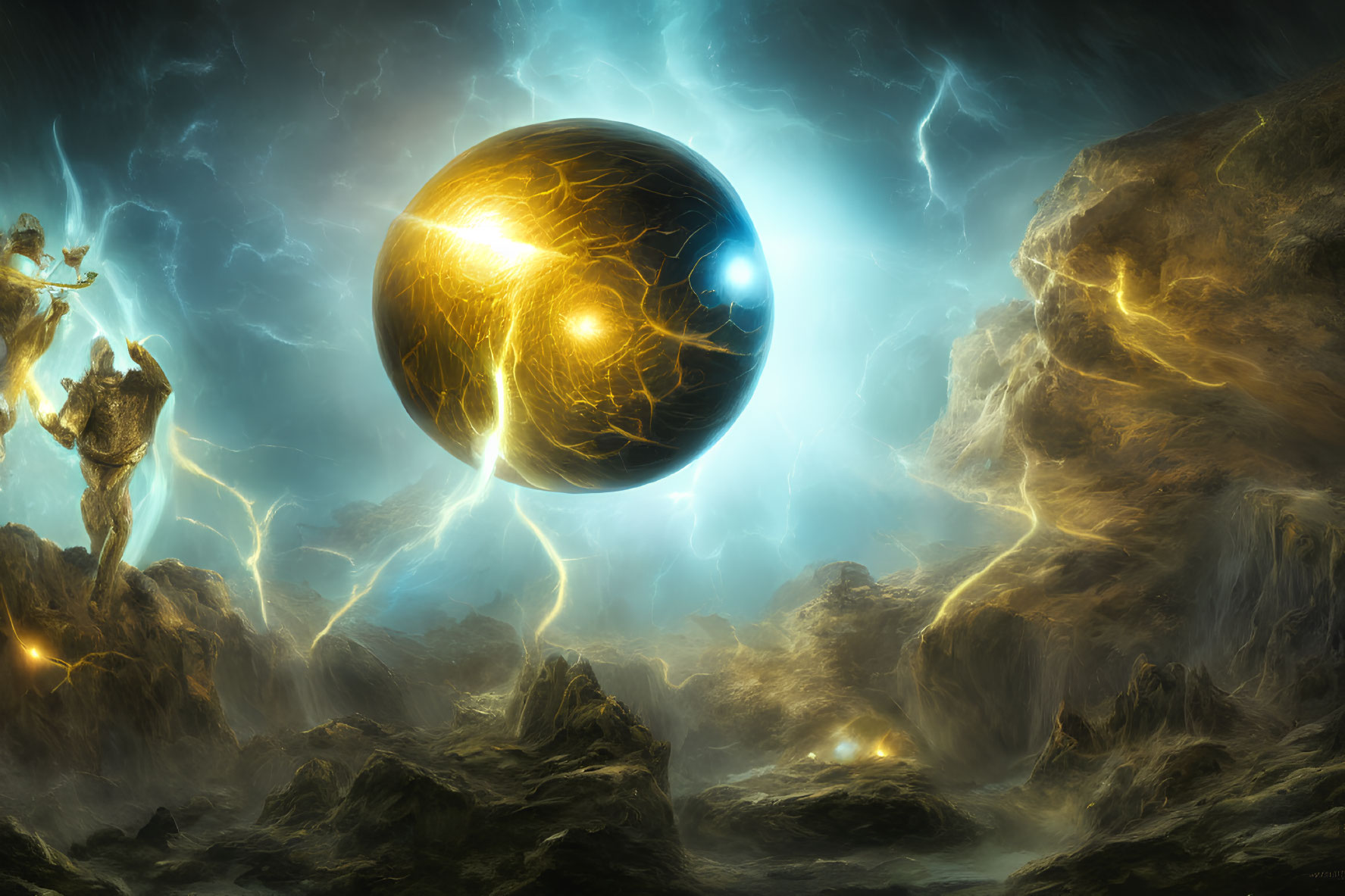 Ethereal glowing orb and lightning above rocky landscape with figures.