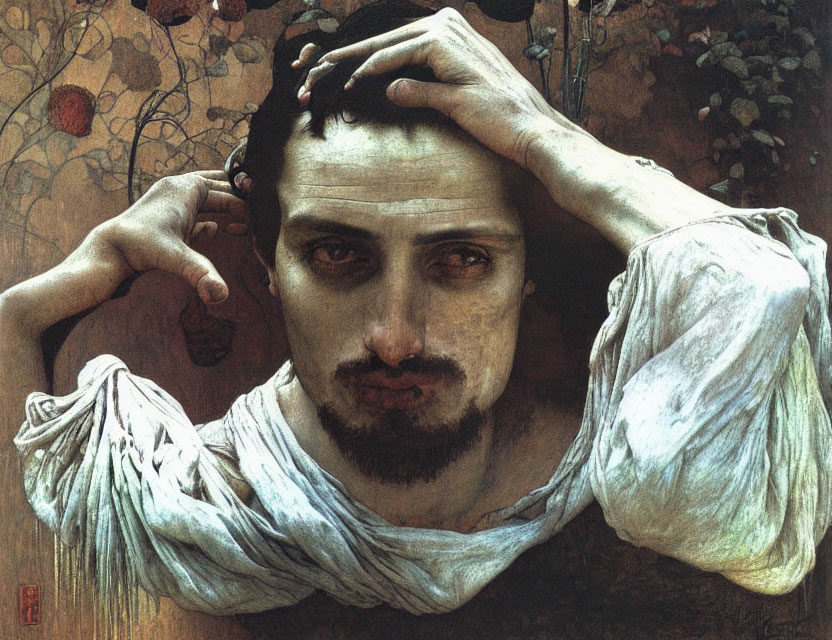 Pensive man with hand on forehead, dark eyes, facial hair, draped in white cloth against textured