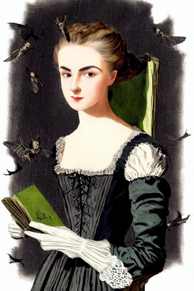 Illustration of poised woman in black dress with book, surrounded by bats