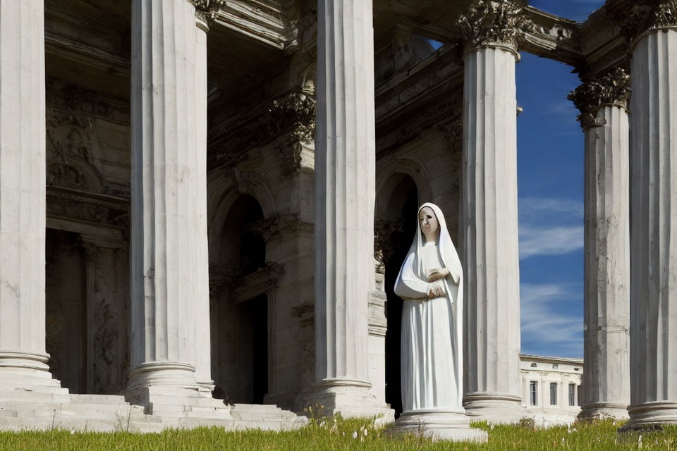 Robed Figure Statue Between Classical Columns Under Blue Sky