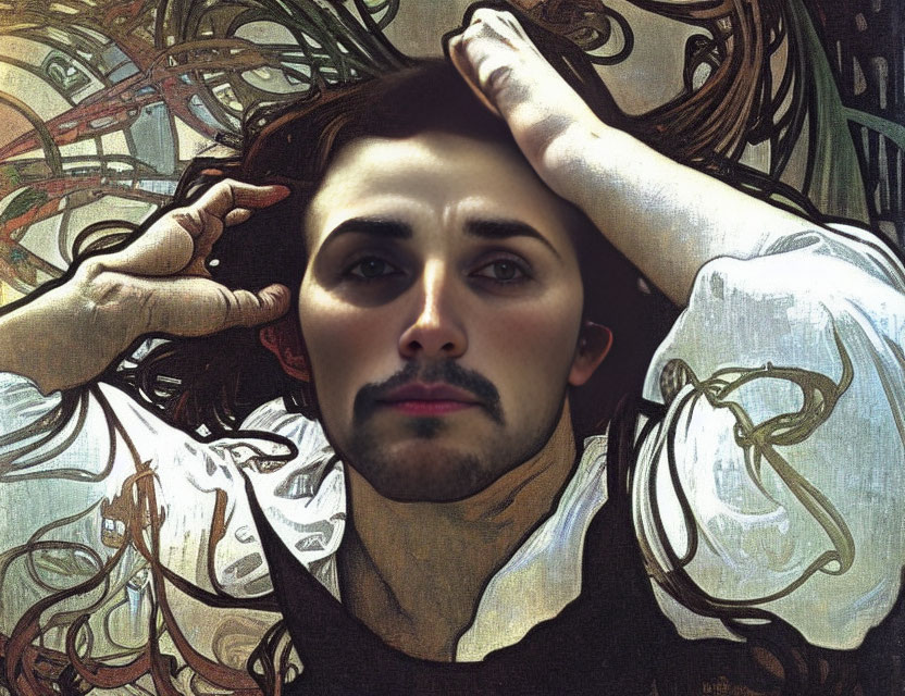 Classic painting with person's beard and mustache in Art Nouveau style