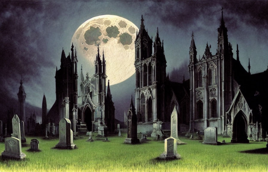 Gothic graveyard with ornate tombstones and full moon