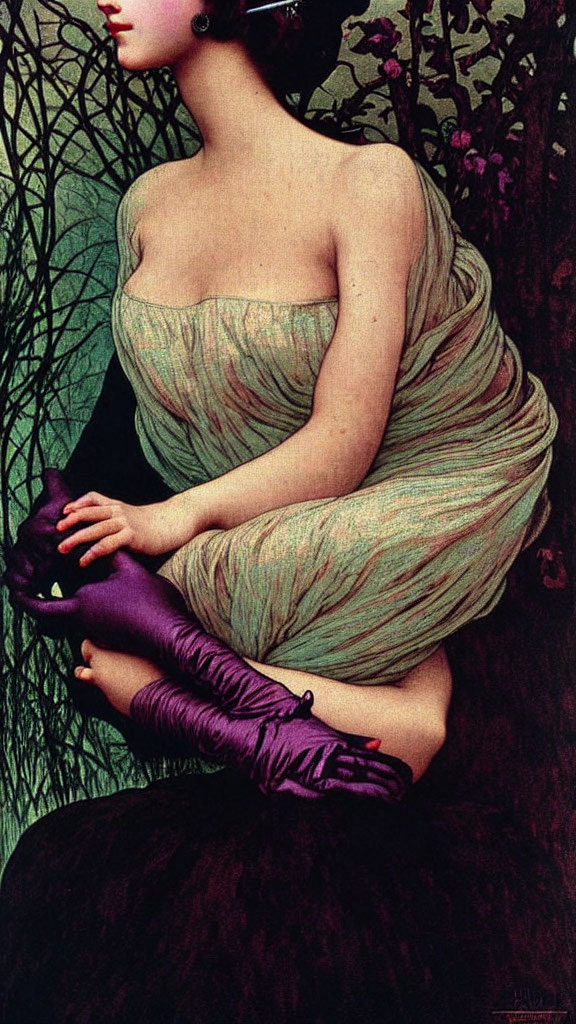 Illustration of pensive woman in flowing dress with purple-clad arm, set in botanical backdrop