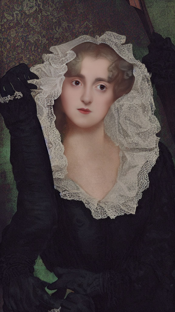 Vintage portrait of a woman blended with cat features in black dress