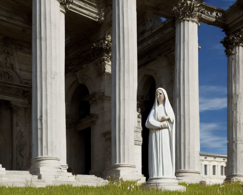 Robed Figure Statue Between Classical Columns Under Blue Sky