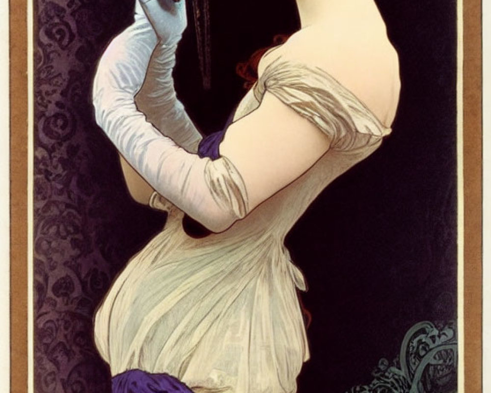 Woman in Art Nouveau Style Portrait with White Blouse and Purple Skirt