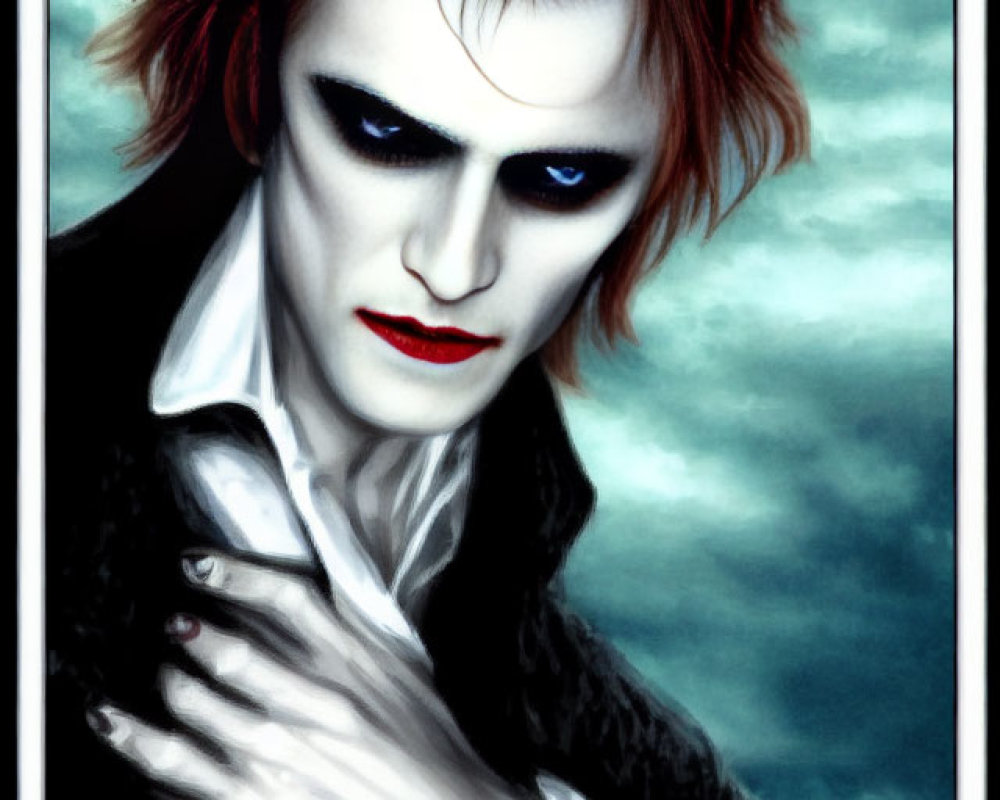 Pale male figure with red hair and dark makeup against cloudy sky.