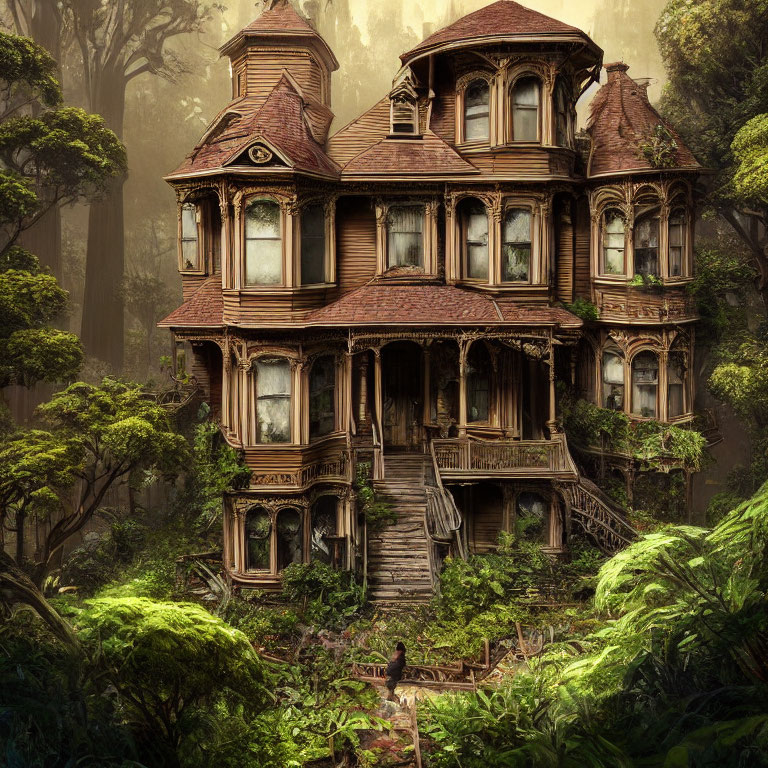 Victorian mansion in misty forest with dense foliage