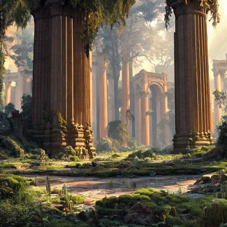 Ancient ruins with towering columns in lush forest scene