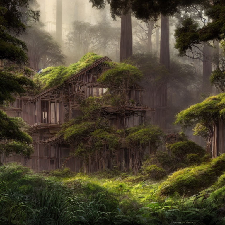 Enchanting wooden house in misty ancient forest