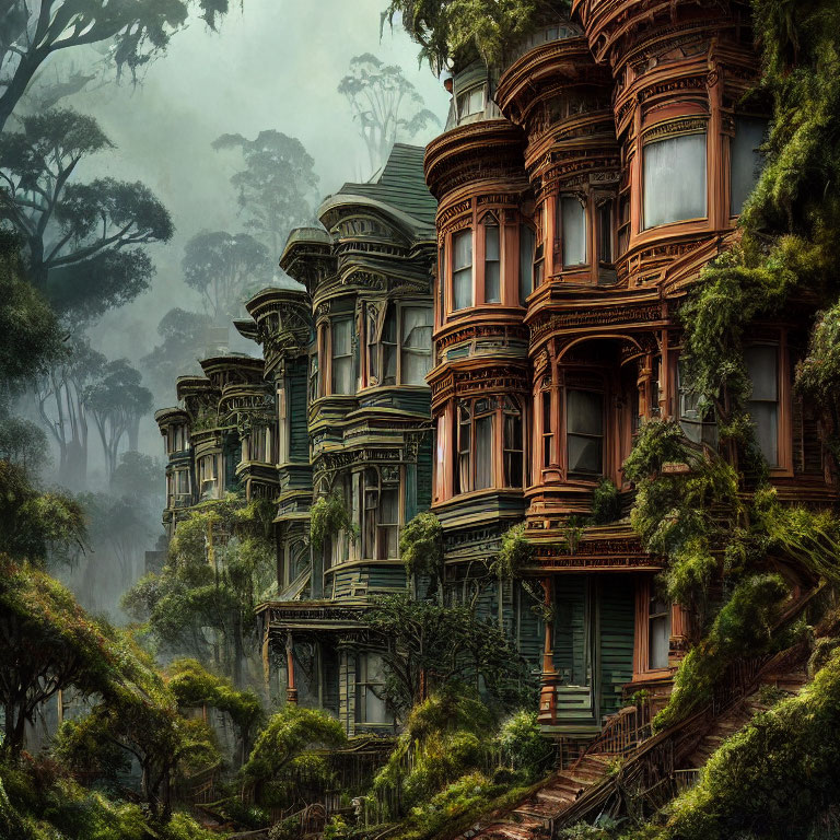 Victorian-style houses in misty forest setting