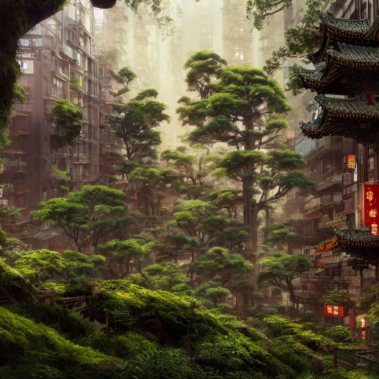 Futuristic cityscape blending nature, Asian-style buildings, and neon signs in mist