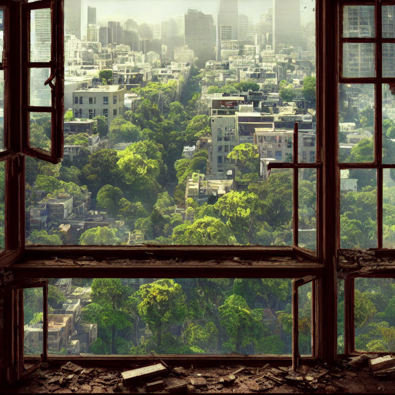 Decaying window frames overgrown urban landscape with abandoned buildings