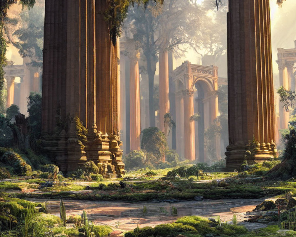 Ancient ruins with towering columns in lush forest scene