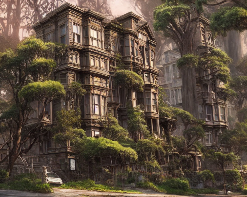 Enchanted forest with misty trees surrounding Victorian-style buildings