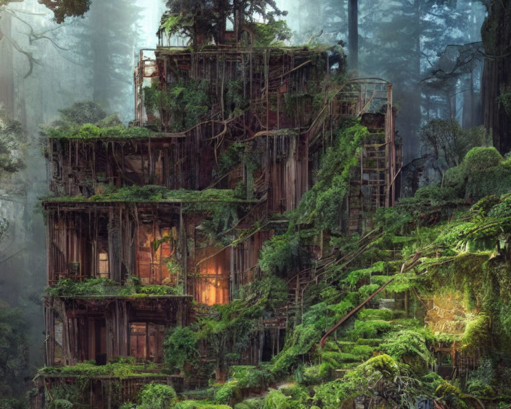 Enchanting multi-level treehouse in misty forest