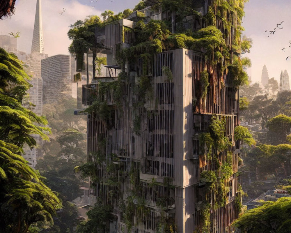 Urban skyscrapers harmonize with lush forest in cityscape