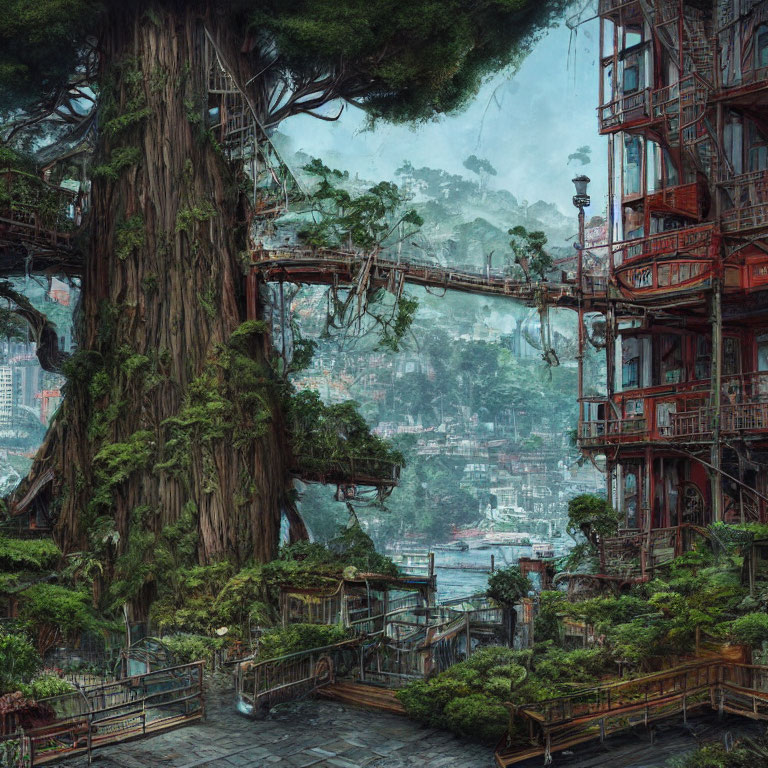 Futuristic cityscape with lush trees, rustic buildings, and suspended walkways.