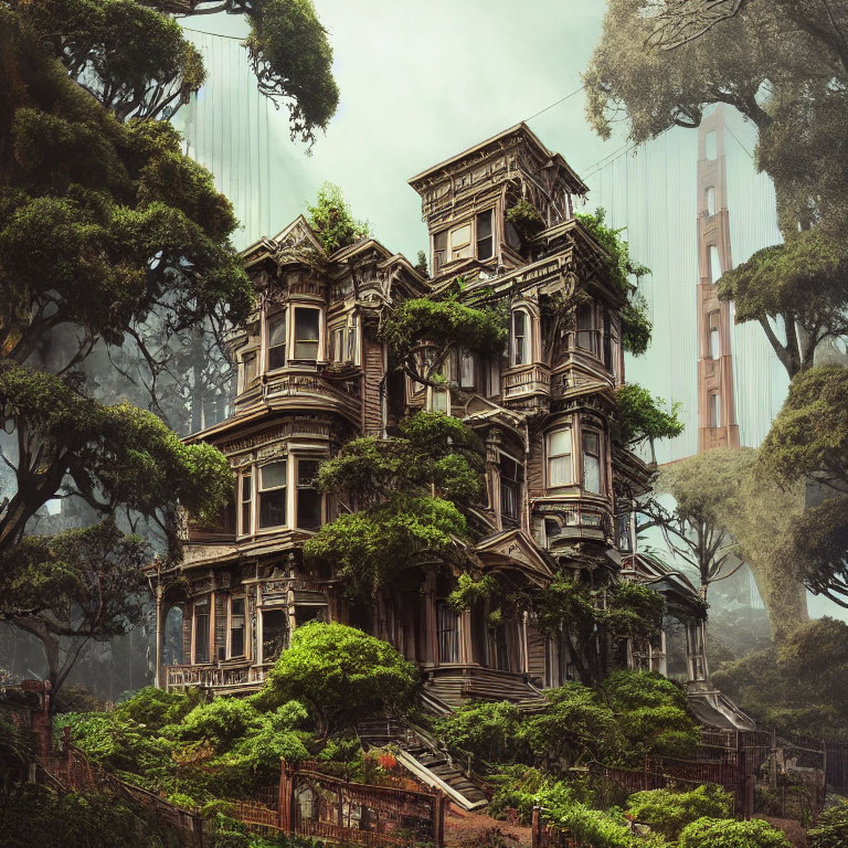 Abandoned Victorian mansion in foggy forest with overgrown greenery