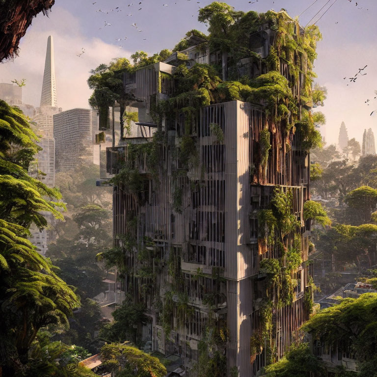 Urban skyscrapers harmonize with lush forest in cityscape