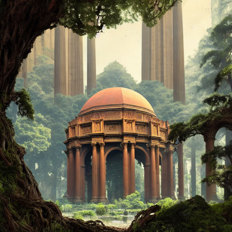 Ancient domed structure with classical columns in lush forest and serene stream