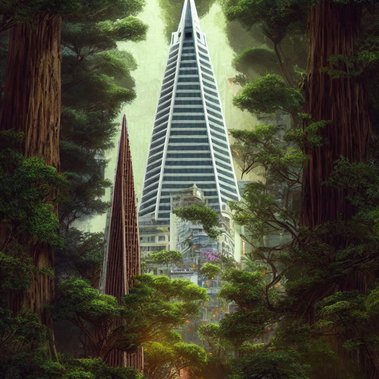 Futuristic skyscraper in mystical forest-city fusion