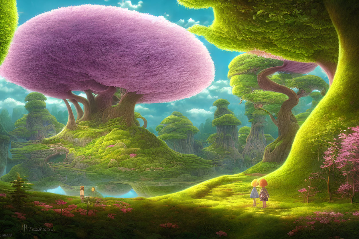 Fantastical landscape with oversized mushroom trees and small figures walking among pink flora