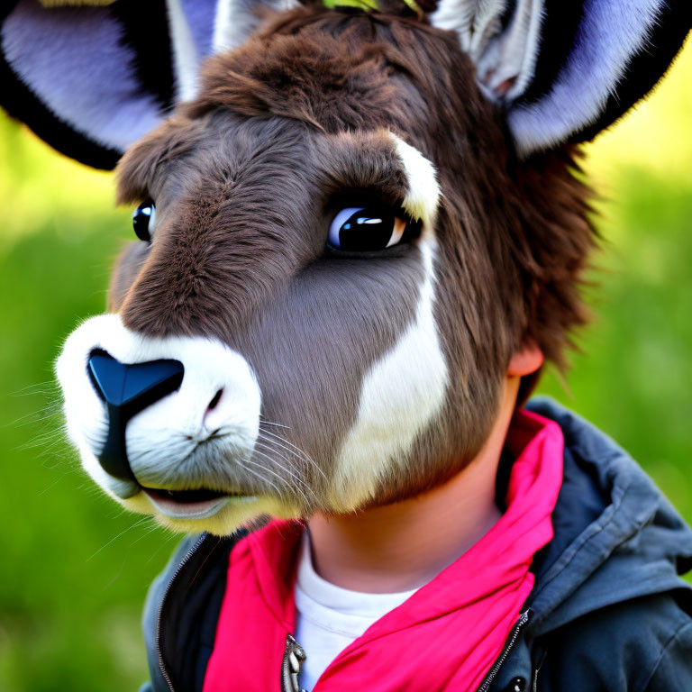 Realistic Donkey Mask with Expressive Eyes and Detailed Fur on Green Background