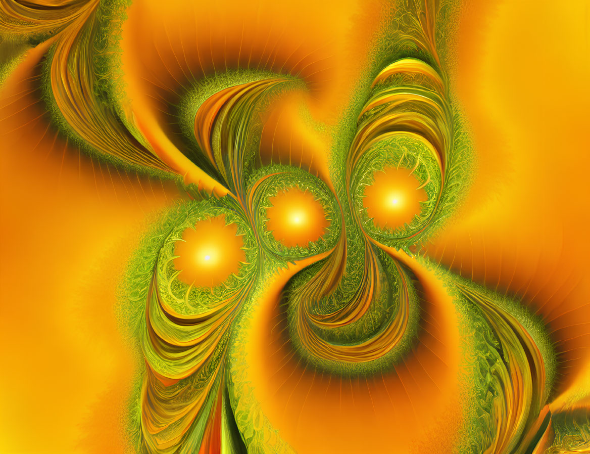 Colorful fractal art with green swirls on fiery orange backdrop