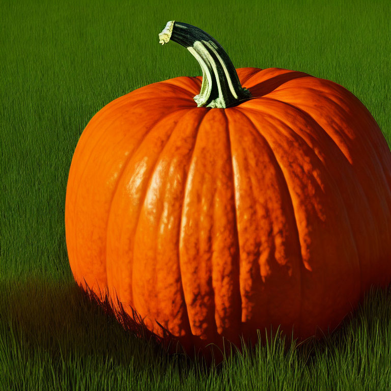 Bright orange pumpkin with prominent stem on green grass