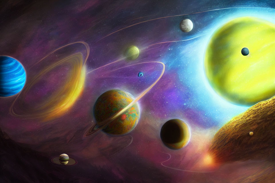 Colorful Solar System Illustration with Planets and Nebula