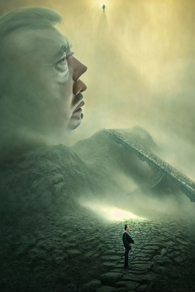 Illustration of giant face merging with landscape under yellow-lit sky