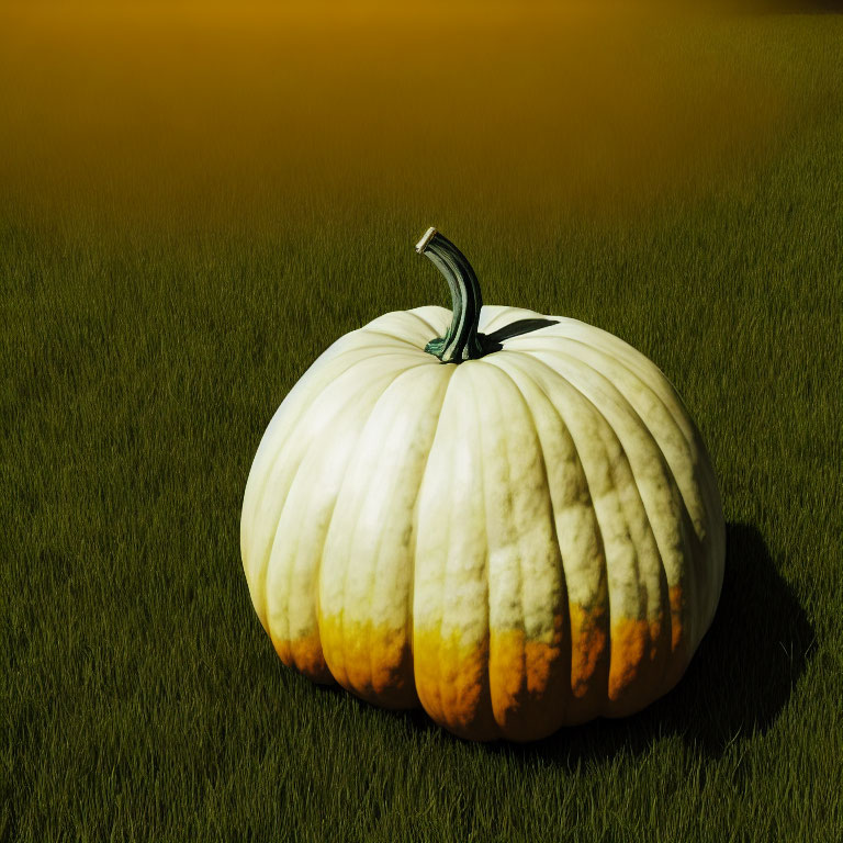 White Ribbed Pumpkin on Green Grass Under Orange Sky