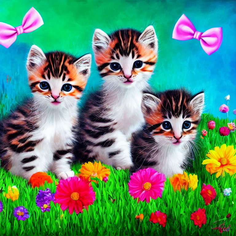 Three kittens with blue eyes and bows in a flower field on blue-green backdrop