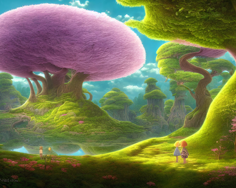 Fantastical landscape with oversized mushroom trees and small figures walking among pink flora