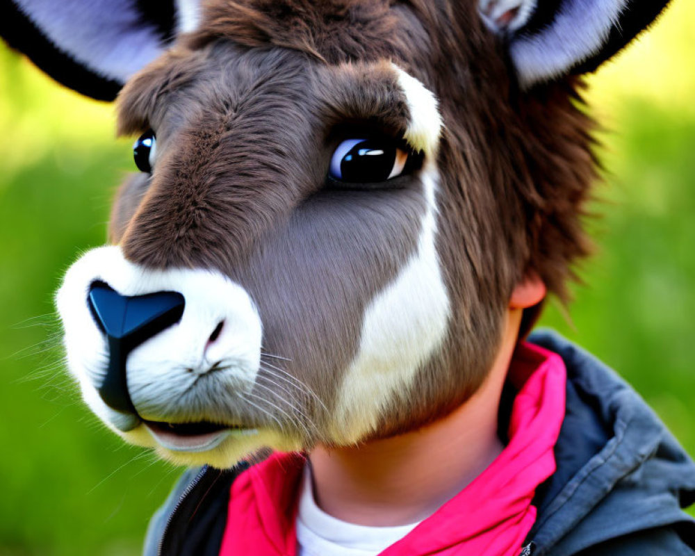 Realistic Donkey Mask with Expressive Eyes and Detailed Fur on Green Background