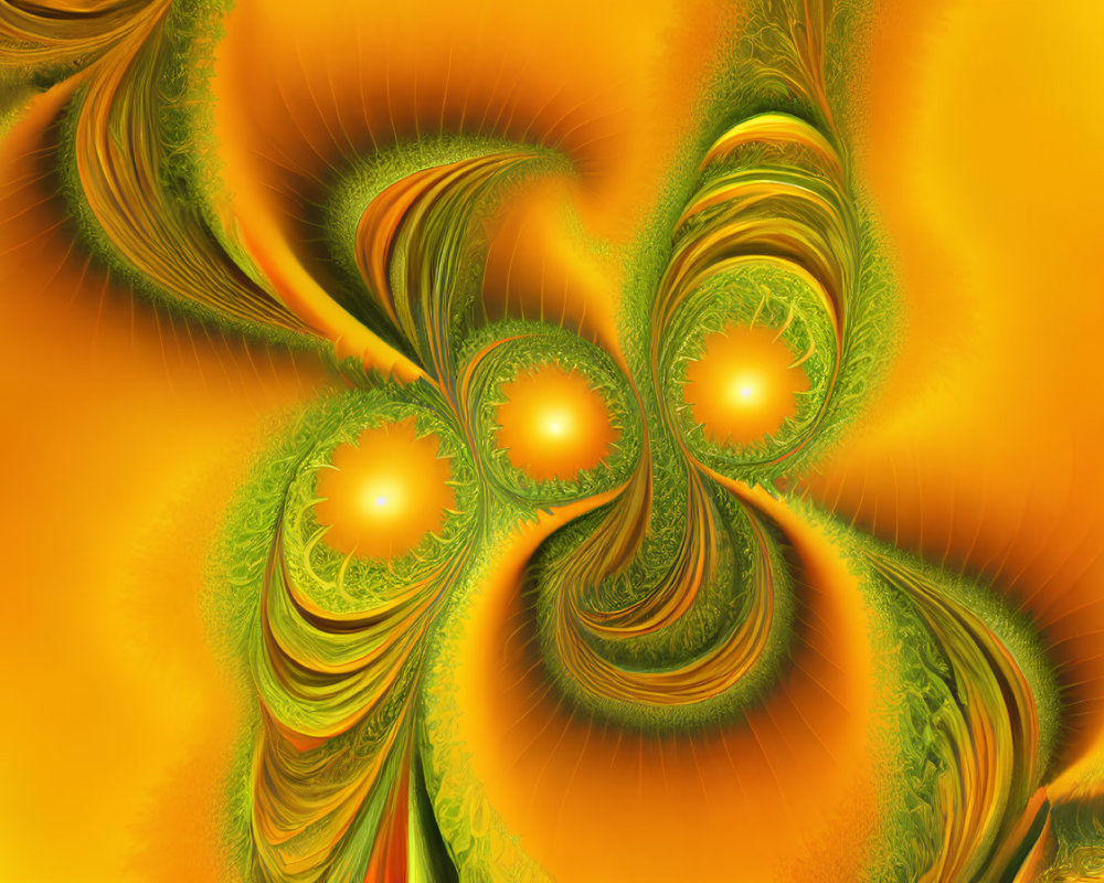 Colorful fractal art with green swirls on fiery orange backdrop