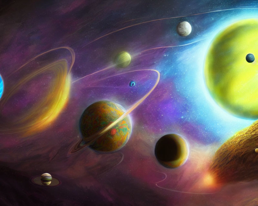 Colorful Solar System Illustration with Planets and Nebula